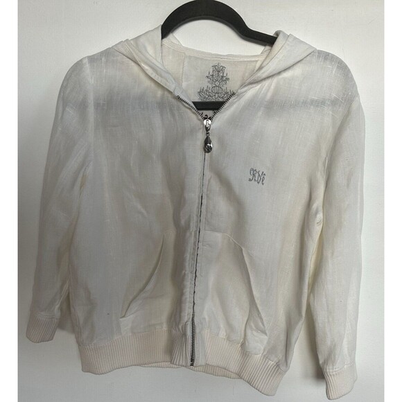 Raison D'etre Ladies White 100% Linen 1/2 Sleeve Hoodie Jacket with Zip Size M - Picture 4 of 8